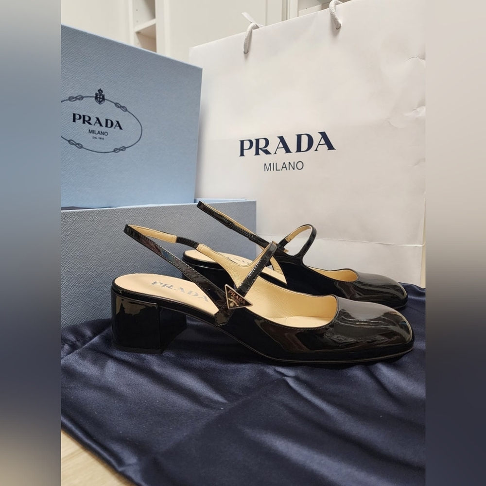 Prada Décoletté Logo Slingback Mary Jane Black Patent Leather Block Heel Pump